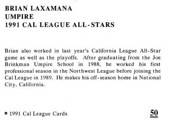 1991 Cal League All-Stars #50 Brian Laxamana Back