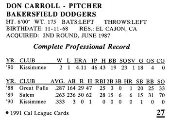 1991 Cal League Bakersfield Dodgers #27 Don Carroll Back