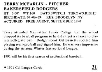 1991 Cal League Bakersfield Dodgers #31 Terry McFarlin Back