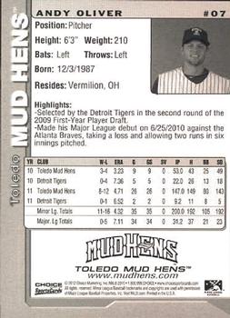 2012 Choice Toledo Mud Hens #07 Andy Oliver Back