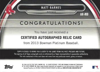 2013 Bowman Platinum - Relic Autographs Blue Refractors #AR-MB Matt Barnes Back