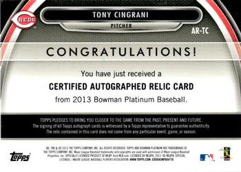 2013 Bowman Platinum - Relic Autographs Gold Refractors #AR-TC Tony Cingrani Back