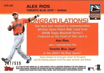 2008 Topps - Replica Mini Jersey Cards #CPR-AIR Alex Rios Back