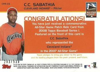 2008 Topps - Replica Mini Jersey Cards #CPR-CS C.C. Sabathia Back