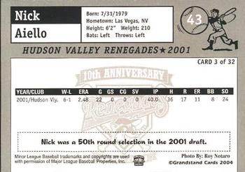 2004 Grandstand Hudson Valley Renegades 10th Anniversary #3 Nick Aiello Back