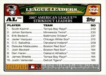 2008 Topps - Gold #322 AL Leaders: Strikeouts (Scott Kazmir / Johan Santana / Erik Bedard) Back