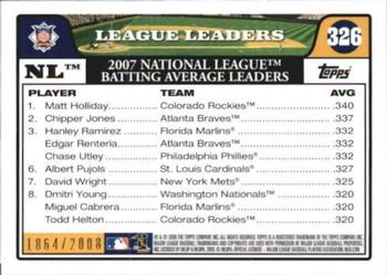 2008 Topps - Gold #326 NL Leaders: Batting Average (Matt Holliday / Chipper Jones / Hanley Ramirez) Back