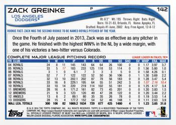 2014 Topps #142 Zack Greinke Back