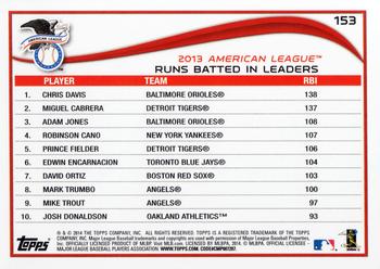 2014 Topps #153 AL 2013 RBI Leaders (Chris Davis / Miguel Cabrera / Adam Jones) Back