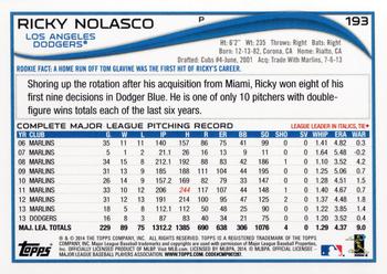 2014 Topps #193 Ricky Nolasco Back