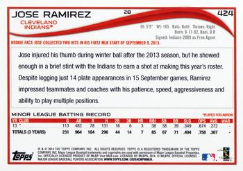 2014 Topps #424 Jose Ramirez Back