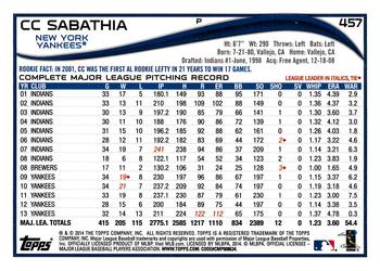2014 Topps #457 CC Sabathia Back