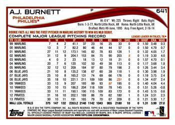 2014 Topps #641 A.J. Burnett Back
