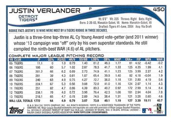 2014 Topps #450 Justin Verlander Back