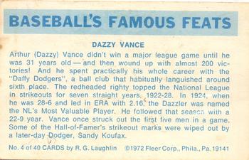 1973 Fleer Official Major League Patches - Famous Feats #4 Dazzy Vance Back
