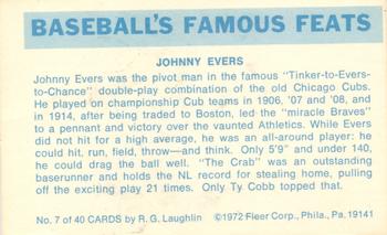 1973 Fleer Official Major League Patches - Famous Feats #7 Johnny Evers Back