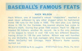 1973 Fleer Official Major League Patches - Famous Feats #9 Hack Wilson Back