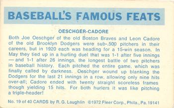 1973 Fleer Official Major League Patches - Famous Feats #19 Joe Oeschger / Leon Cadore Back