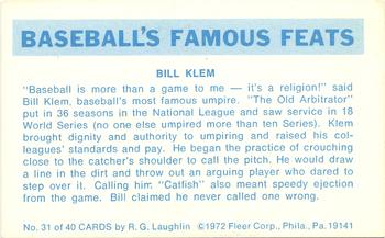 1973 Fleer Official Major League Patches - Famous Feats #31 Bill Klem Back
