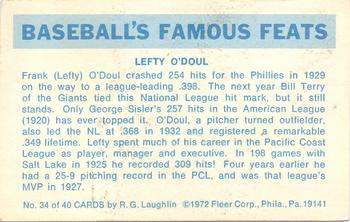 1973 Fleer Official Major League Patches - Famous Feats #34 Lefty O'Doul Back