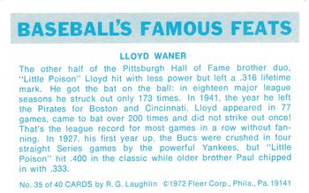 1973 Fleer Official Major League Patches - Famous Feats #35 Lloyd Waner Back