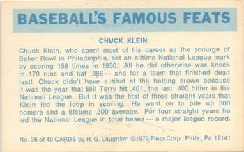 1973 Fleer Official Major League Patches - Famous Feats #36 Chuck Klein Back