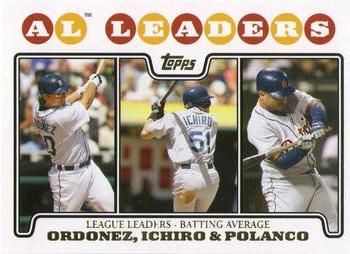 2008 Topps - Gold Foil #15 AL Leaders: Batting Average (Magglio Ordonez / Ichiro / Placido Polanco) Front