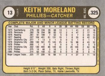 1981 Fleer #13 Keith Moreland Back