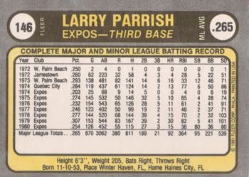1981 Fleer #146 Larry Parrish Back