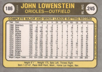 1981 Fleer #186 John Lowenstein Back