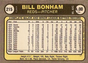 1981 Fleer #215 Bill Bonham Back