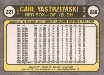 1981 Fleer #221 Carl Yastrzemski Back