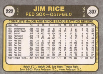 1981 Fleer #222 Jim Rice Back