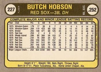1981 Fleer #227 Butch Hobson Back