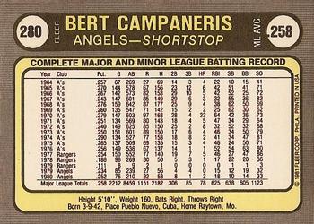 1981 Fleer #280 Bert Campaneris Back