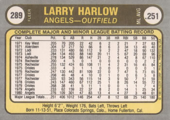 1981 Fleer #289 Larry Harlow Back