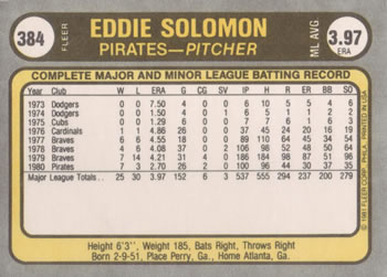 1981 Fleer #384 Eddie Solomon Back