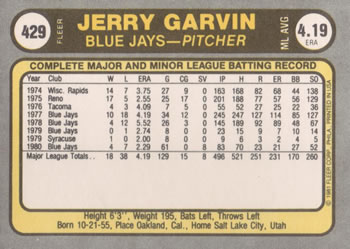 1981 Fleer #429 Jerry Garvin Back