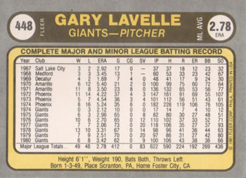 1981 Fleer #448 Gary Lavelle Back