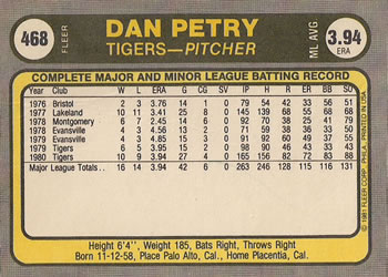 1981 Fleer #468 Dan Petry Back