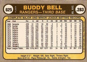 1981 Fleer #625 Buddy Bell Back