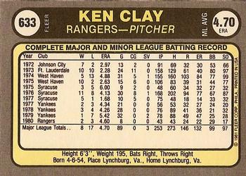 1981 Fleer #633 Ken Clay Back