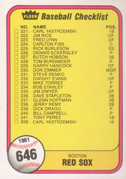 1981 Fleer #646 Checklist: Red Sox / Braves Front