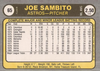 1981 Fleer #65 Joe Sambito Back