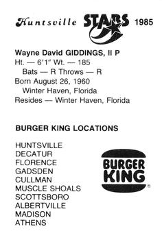 1985 Burger King Huntsville Stars #NNO Wayne Giddings Back