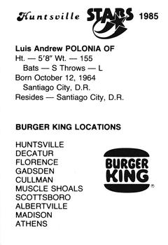 1985 Burger King Huntsville Stars #NNO Luis Polonia Back