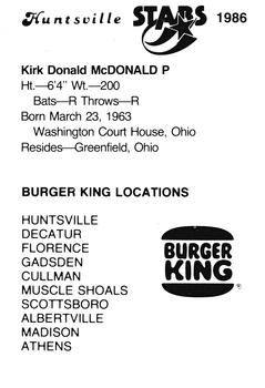 1986 Burger King Huntsville Stars #NNO Kirk McDonald Back