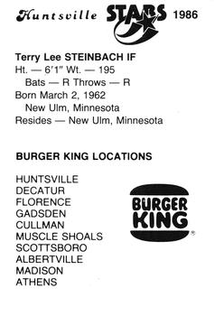 1986 Burger King Huntsville Stars #NNO Terry Steinbach Back