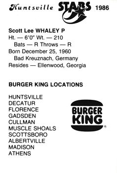 1986 Burger King Huntsville Stars #NNO Scott Whaley Back