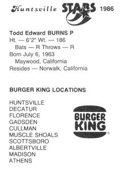 1986 Burger King Huntsville Stars #NNO Todd Burns Back